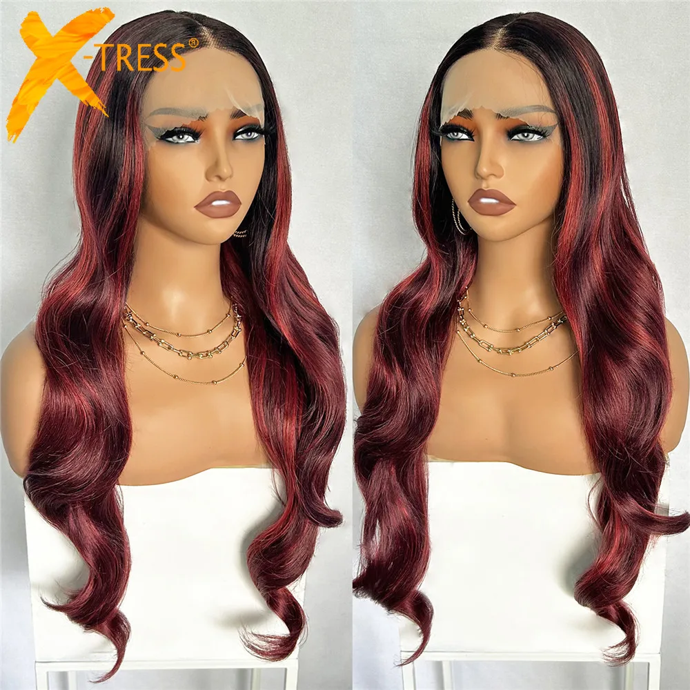 

X-TRESS Ombre Burgundy Highlight Color Lace Front Wig 30 Inch Long Middle Part Body Wave Pre Plucked Lace Wig with Baby Hair