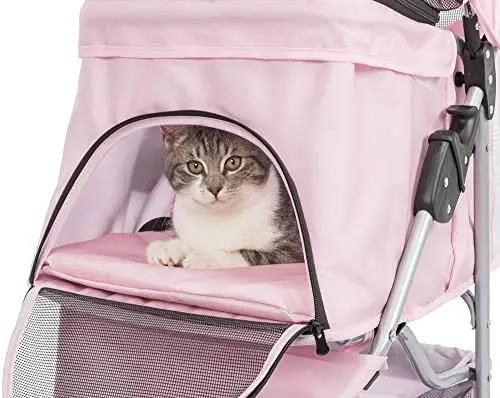 

Foldable Pet Stroller for Cats and Dogs, Pet Carrier Strolling Cart with Weather Cover, Storage Basket, Cup Holder