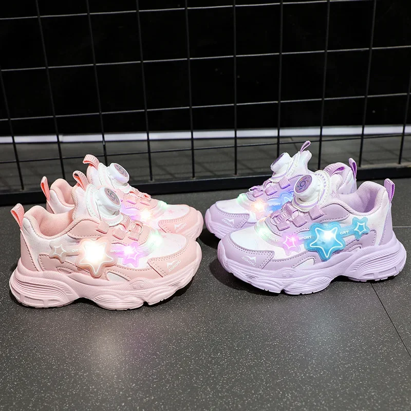 Tennis Shoes LED Children Trainer Girls Casual Sneakers Mesh Breathable Running Shoes Baby Student Non-slip Illuminated Shoes 2