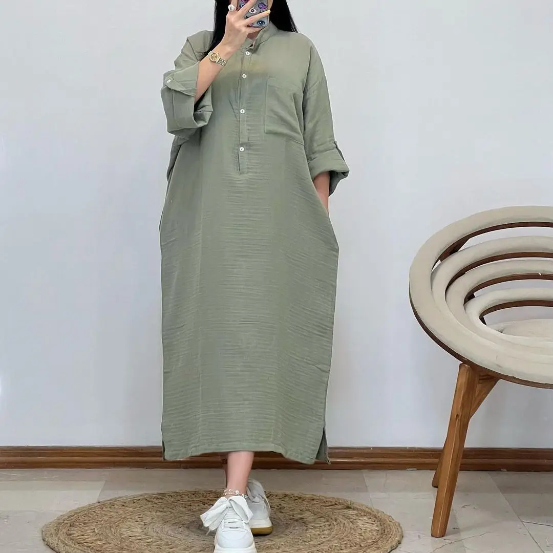 

Женское свободное платье на пуговицах, повседневное однотонное платье в европейском и американском стиле с длинным рукавом и стоячим воротником, лето 2023