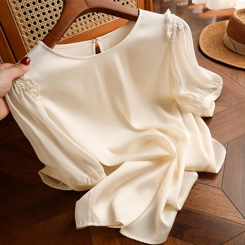 

Satin Casual Women's T-shirts Summer New Solid Colours Tees Short Sleeves Loose Women Tops Ruffles O-neck Clothing YCMYUNYAN