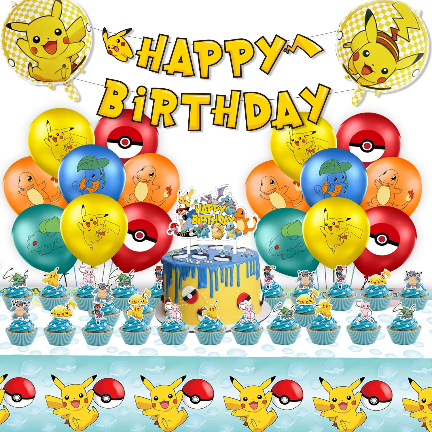 P0kémon Go Pikachu Theme Balloons Birthday Party Decors Banner Cake Toppers  Set