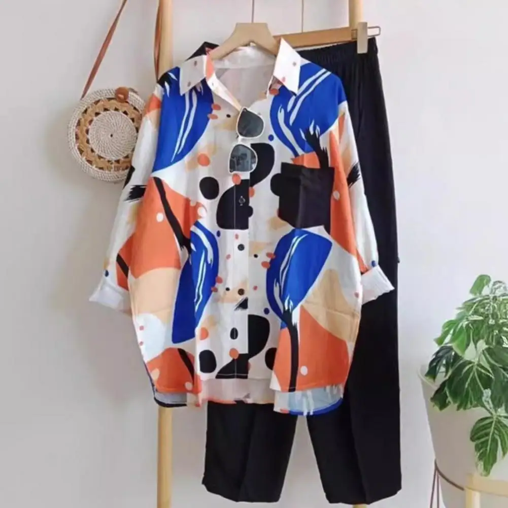 

Women Shirt Pants Set Colorful Print Women's Shirt Pants Set with Long Sleeve Blouse Wide Leg Trousers Casual Daily for Ladies