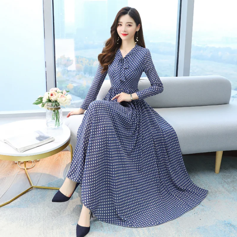 

Spring Summer Maxi Chiffon Dresses Fashion female Floral Printed Vintage Full Sleeve Casual Dress Women Bohemian Long Dresses