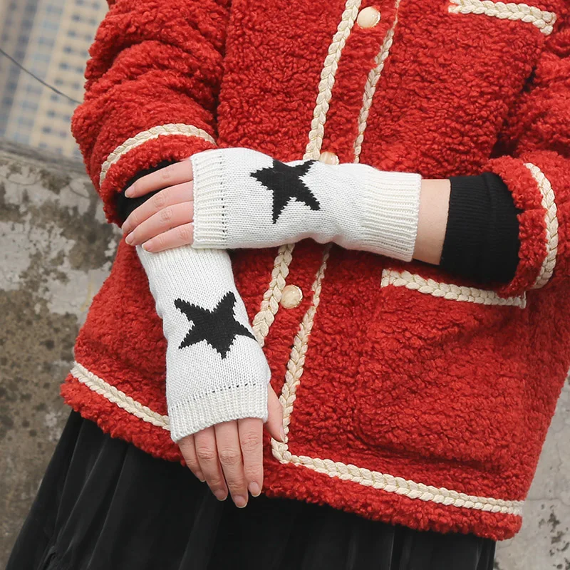 Knitted Black Punk Fingerless Gloves Ins Fashion Y2K Cuff Women Men Glove Elbow Cool Stretch Winter Arm Warmer Mitten Guantes
