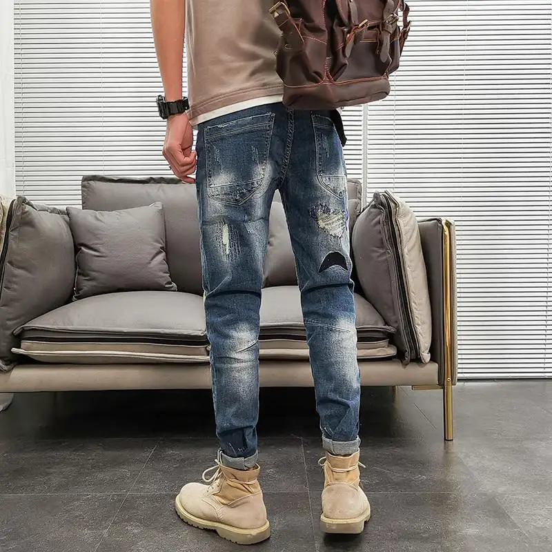 Graphic Men's Jeans Tapered Man Cowboy Pants Ripped Print Torn Slim Fit Trousers Korean Fashion Retro Broken Harajuku Xs XL
