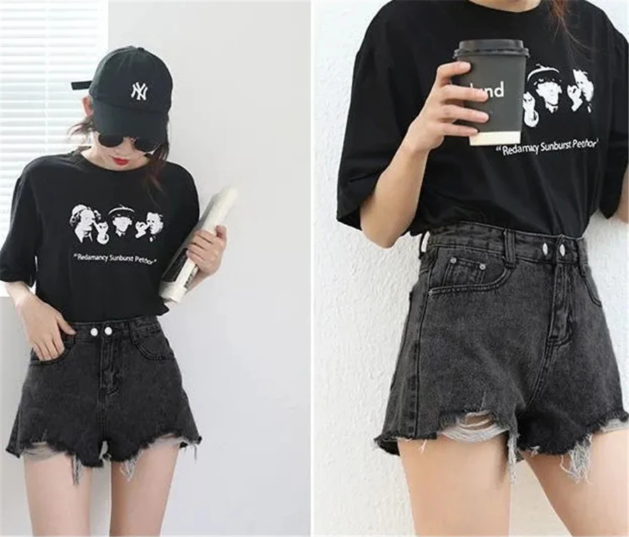 dickies shorts Korean Tassel Classic Vintage Baggy Denim Wide Leg Shorts Women Streetwear Stylish Solid Straight A-line Short Pants For Summer online clothes shopping