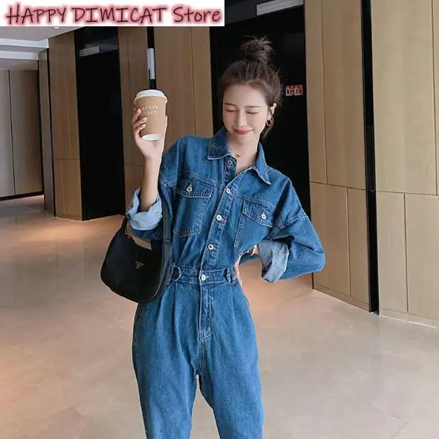 Fashion Office Lady Jumpsuits for Girls Jumpsuit Women New Autumn Spring Denim Casual Solid Cargo Pants High Waist Full Sleeve