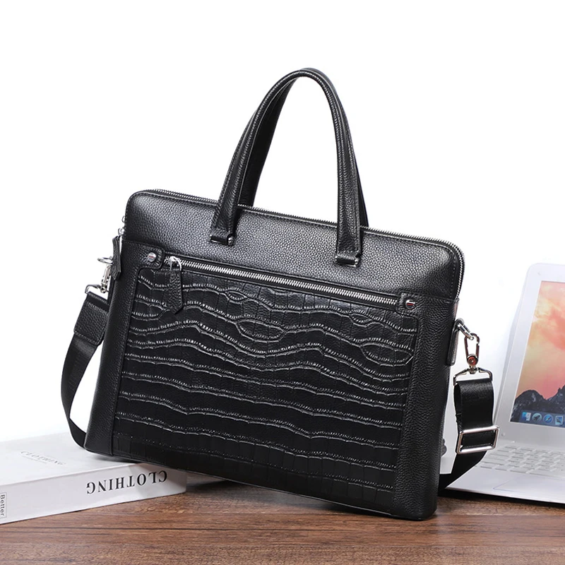 

EUMOAN Double Zipper septal briefcase men's leather Handbag Crocodile print men's bag Men's One shoulder crossbody bag computer