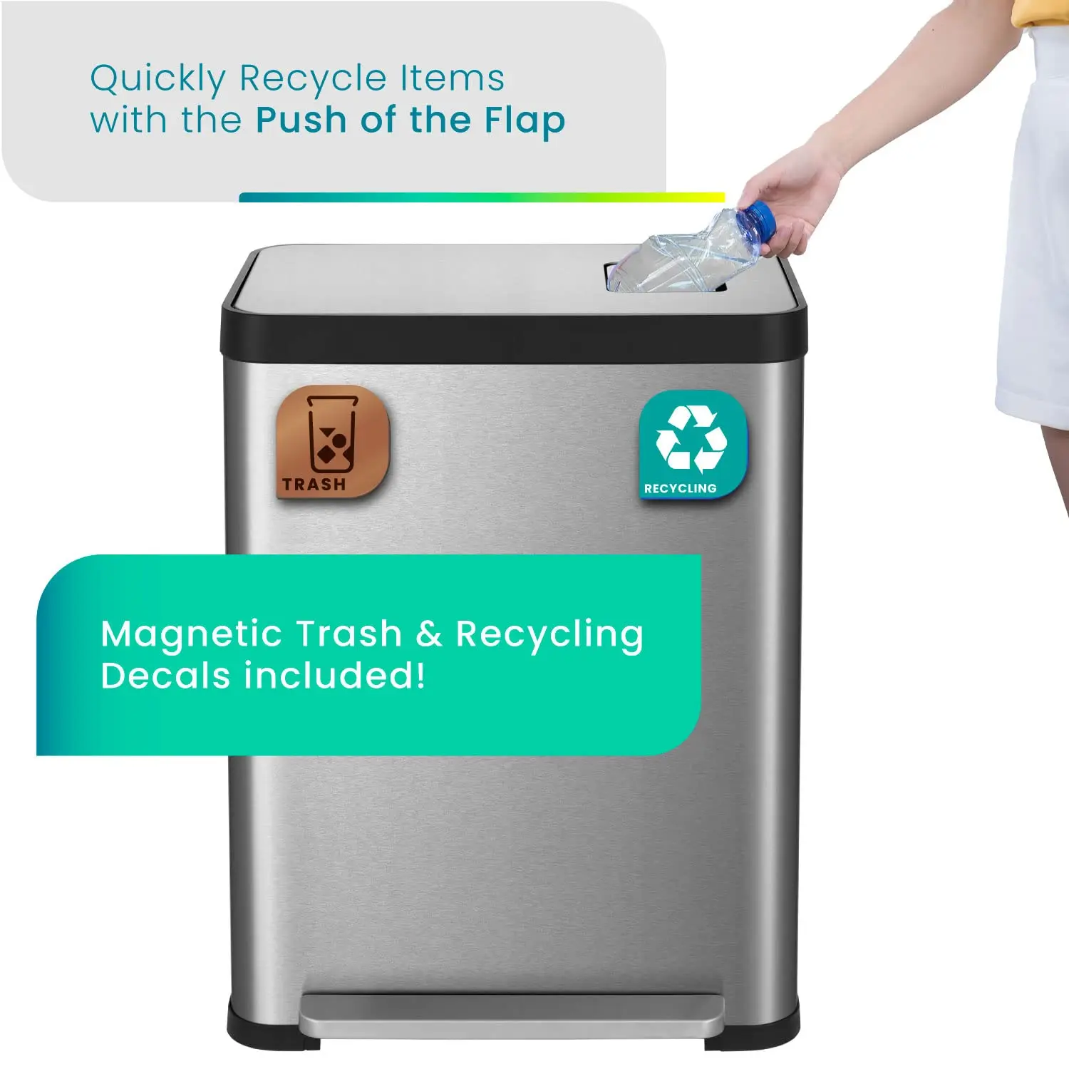 19 Gallon Kitchen Trash Can with Dual Compartments for Recycling, CleanAura Odor Control,Stainless Steel, Silver,70 Liters Total