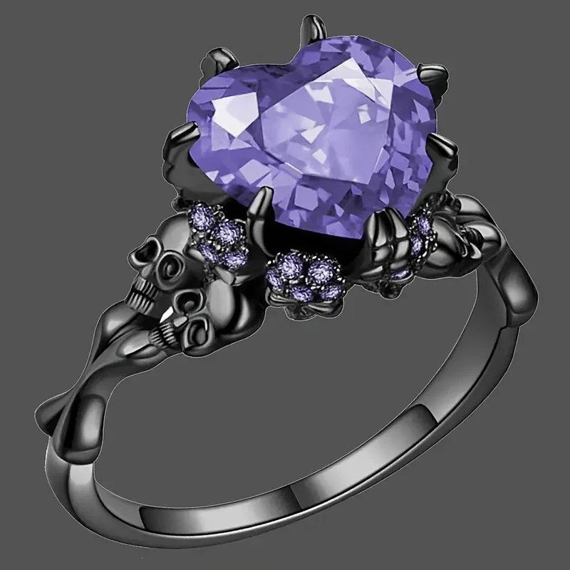 Gothic Style Ring Inlaid Heart Shape Zircon Horror Skull Design Ring