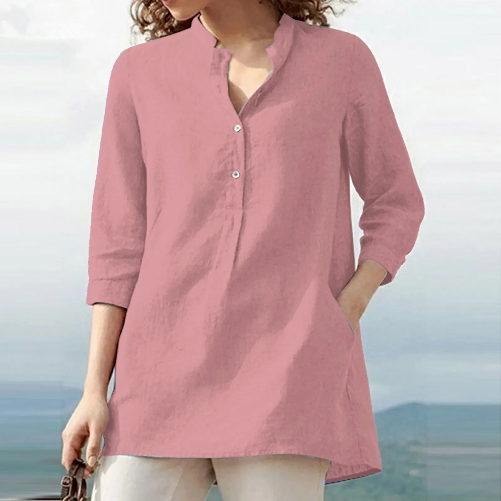 

Women's Long Sleeve Printed Fashion V Neck Rollable Long Sleeve Single Breasted Shirt Solid Elegant Slim Fashion Women's Blouse