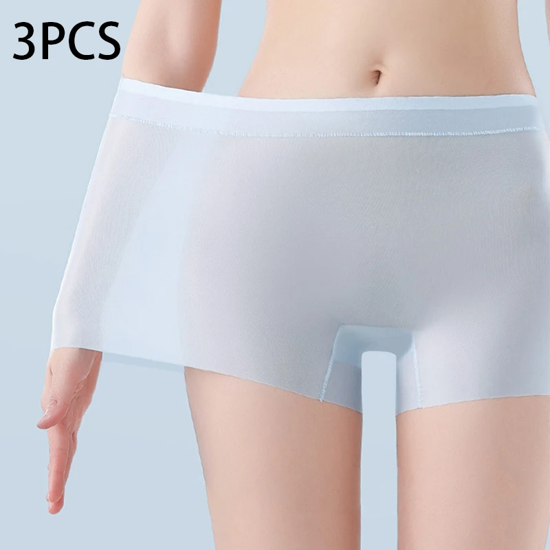 High Waist Panties Summer Ice Silk Ultra-thin Quick-drying Boxer Brief Women Seamless Plus Size Female Safety Underwear 3pcs