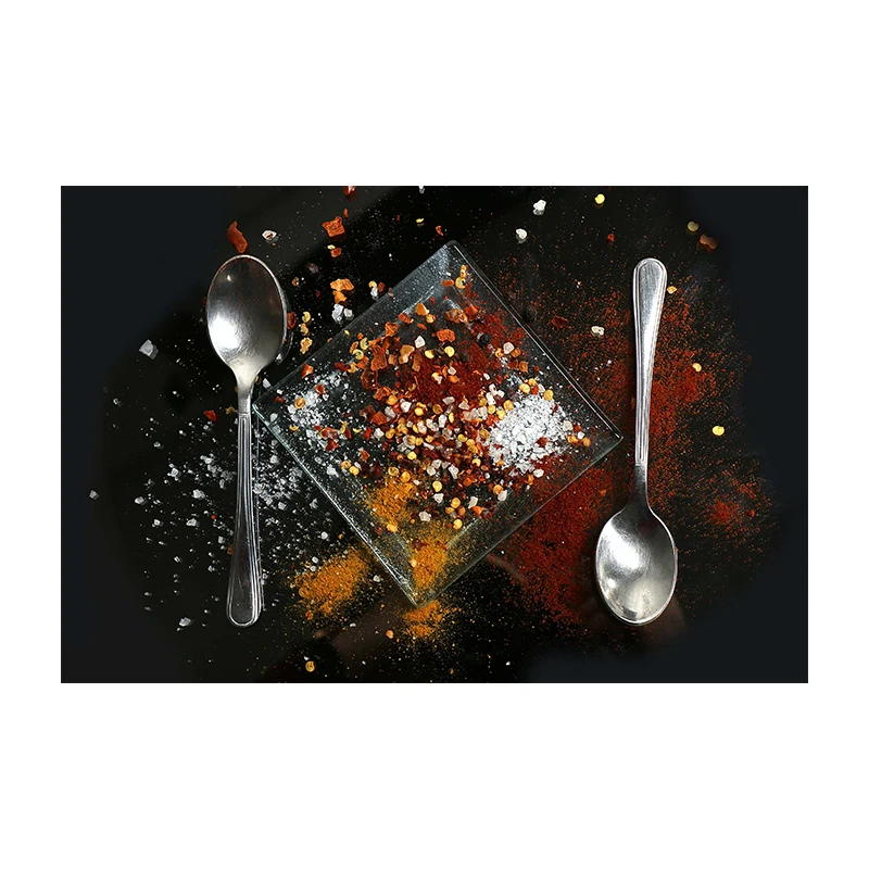 thumbnail image 1 of Lienzo con temática de cocina, fondo negro, especias y cucharas en la mesa, pinturas, ingredientes, impresión artística en lienzo para decoración del hogar, 1 of 5