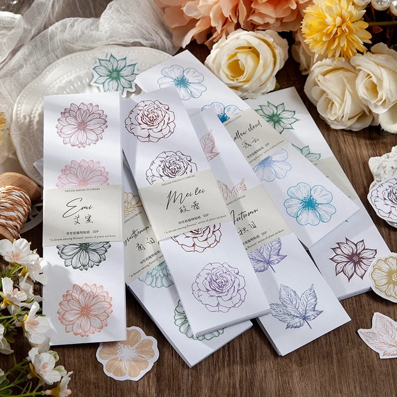 

Dimi 30pcs Retro Flower Stickers Pack Die Cut Paper Deco Scrapbooking Collage Junk Journal Gift Album Vintage Stationery Sticker