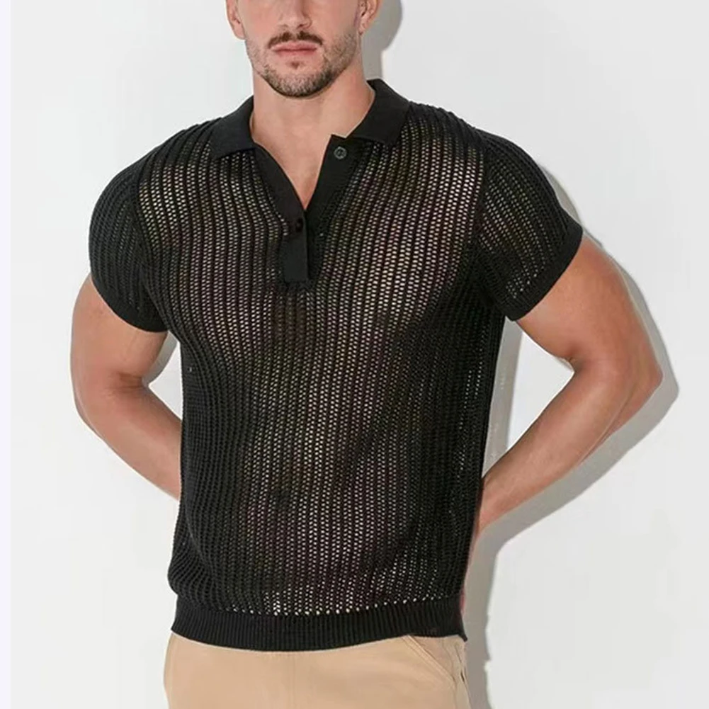 Camisa de manga corta para hombre, ropa de calle de moda, malla acanalada de punto, Sexy, transparente, calada, ajustada