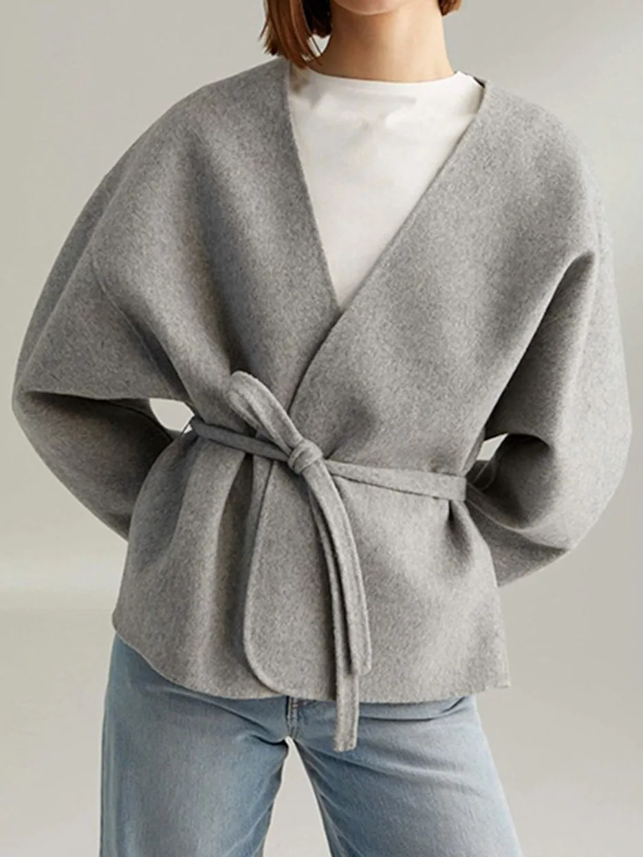 

Women Wool Coat V-Neck Lace Up Waist Long Sleeve Vintage Autumn Winter Jacket