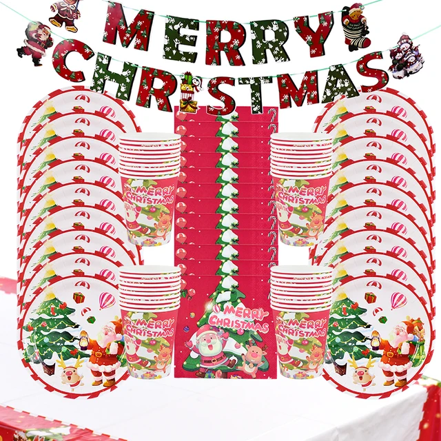 Merry Christmas Disposable Tableware Set Paper Plates Napkins Cups Tablecloth Banner For Xmas Party Decoration New Year Navidad