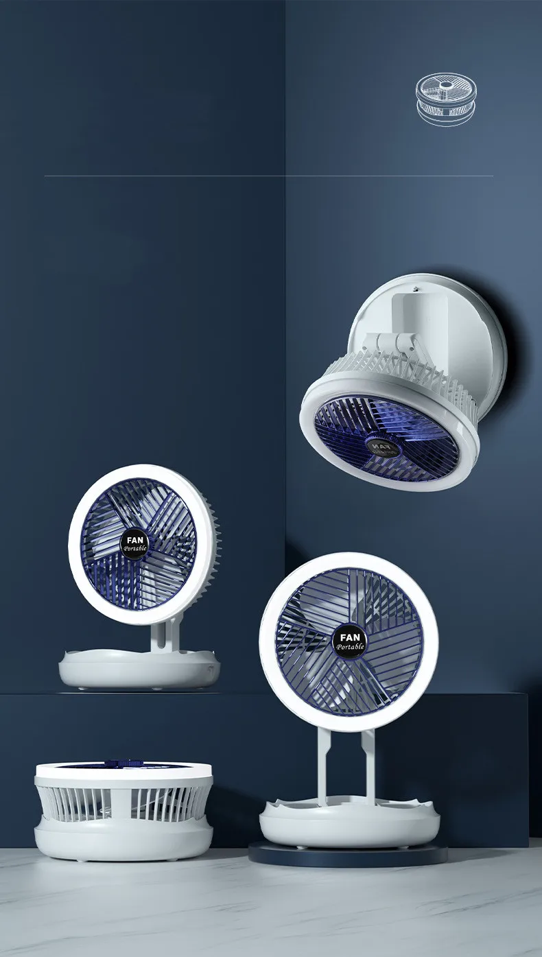USB Charging Foldable Table Fan Wall Mounted Hanging Ceiling Fan with LED Light 4 Speed Adjustable For Home Room Air Cooler Fan