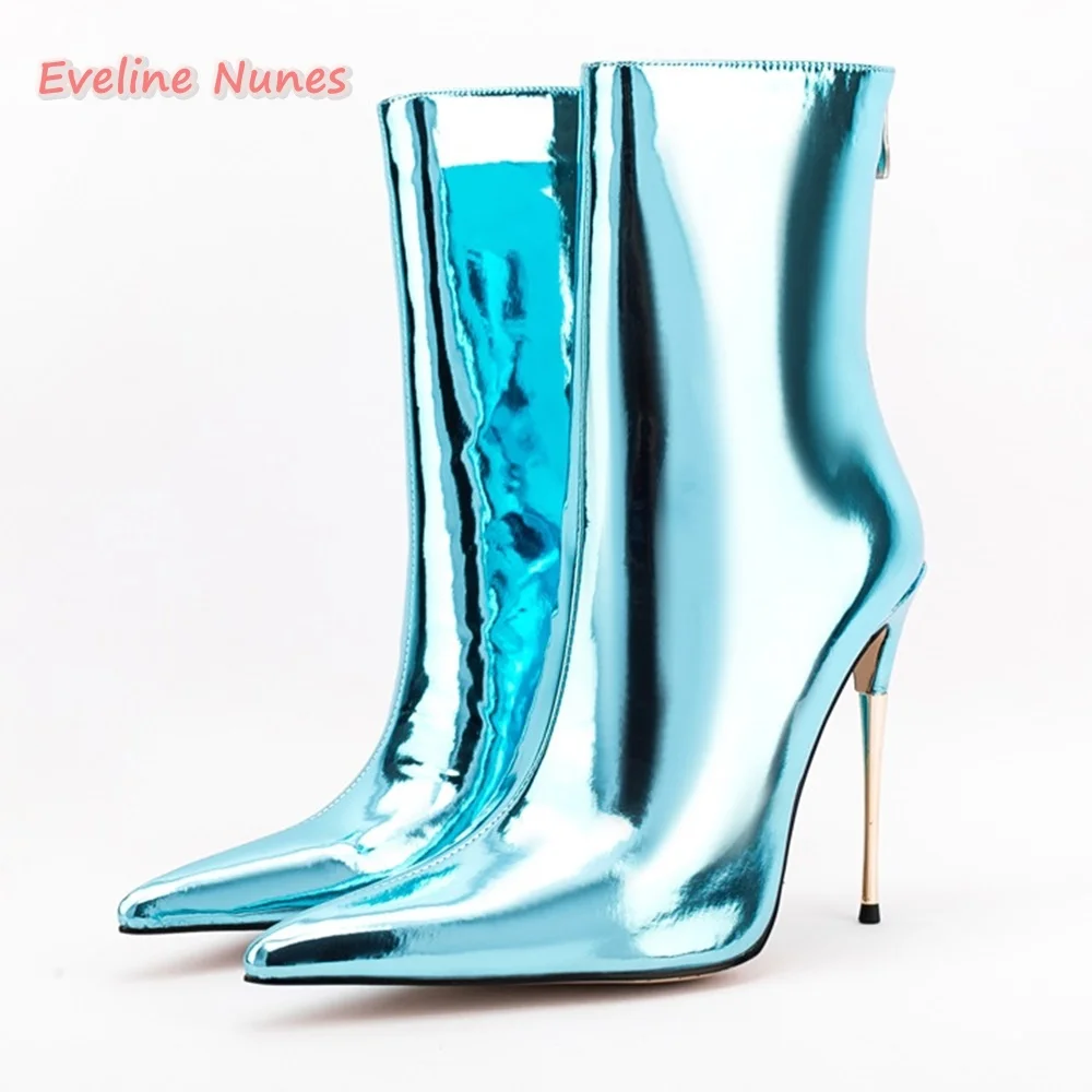 

Blue Solid Zipper Ankle Boots News Women's Patent Leather Metal Thin High Heel 12cm Pointed Toe Elegant Party Plus Size Shoes