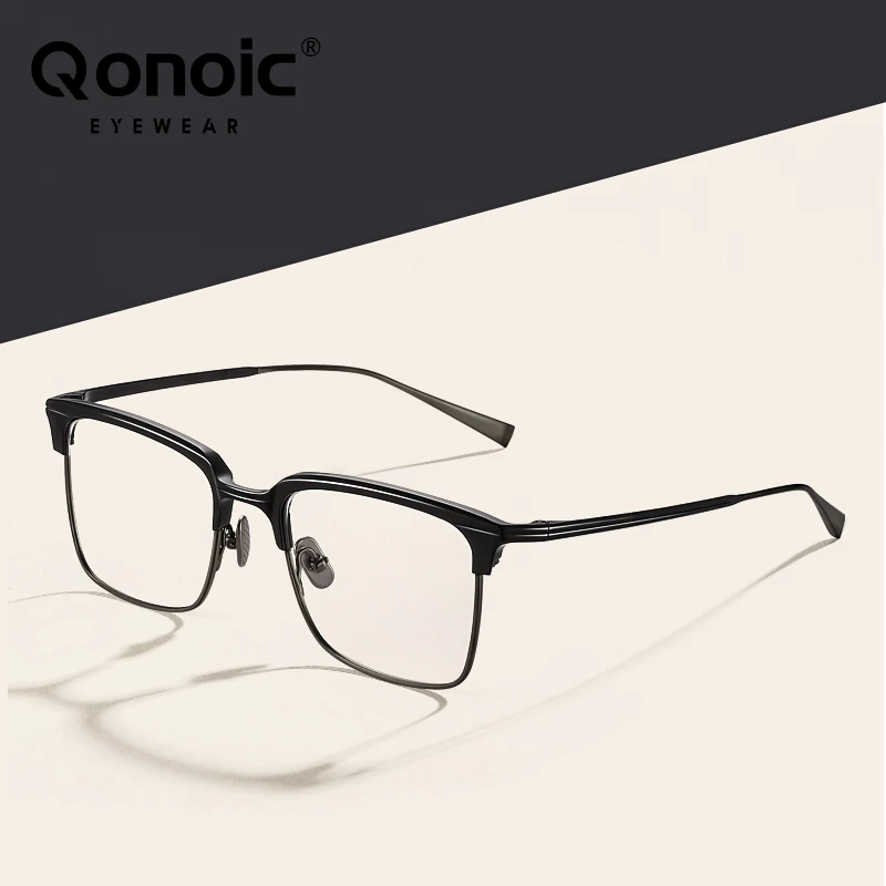 

QONOIC Square Pure Titanium Glasses Frame For Men Vintage Eyeglasses Blue Light Blocking Spectacle AT11905