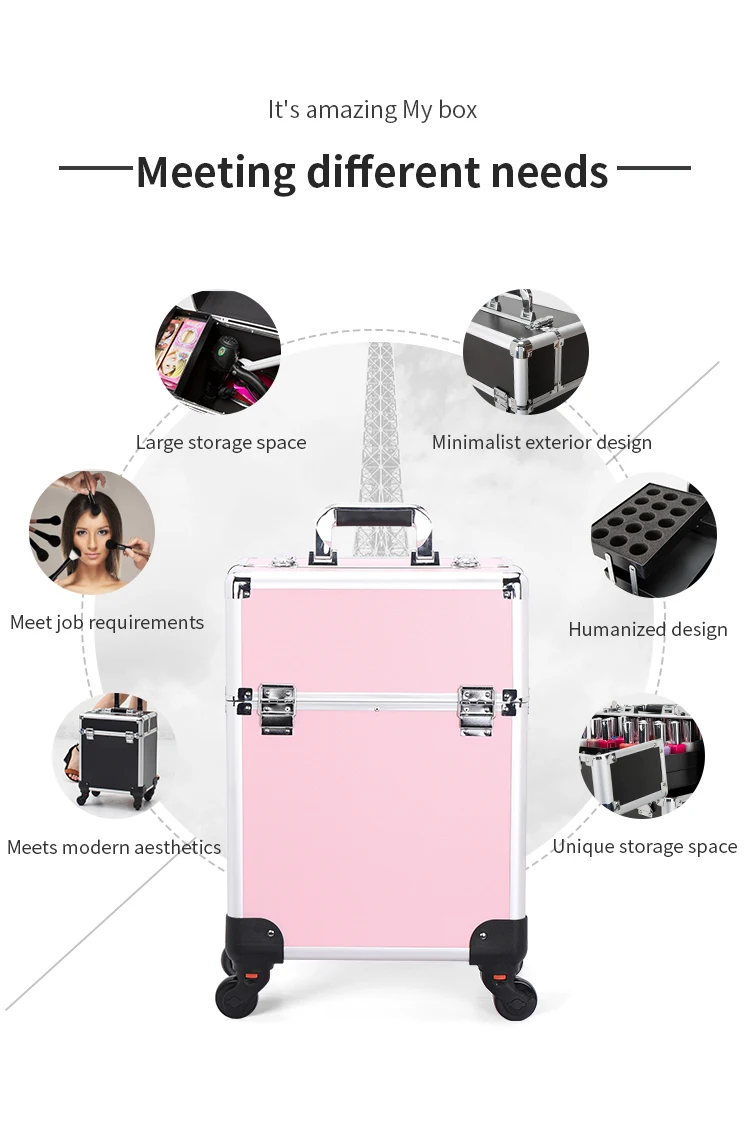 TravelRolling Makeup Train Case Kosmetikwagen mit großem Fassungsvermögen, professioneller Aluminium-Reisekoffer mit Schlüssel – Detail 3
