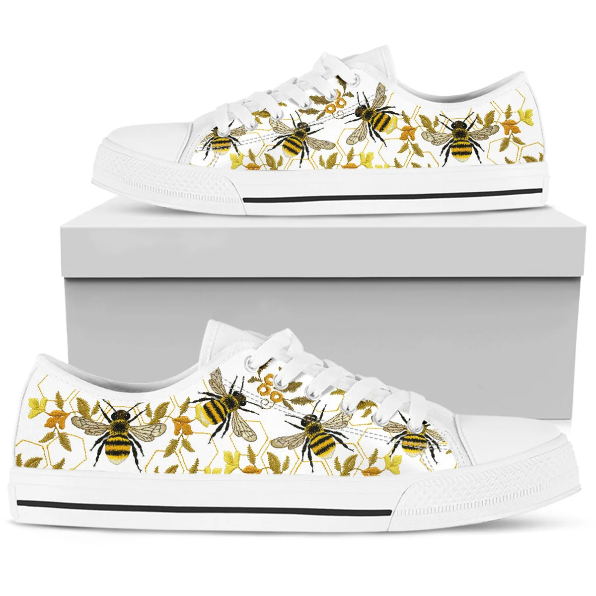 Women Casual Flats Cute Bee Pattern Low Top Canvas Sneakers Lady White Flat Shoes Plus Size To 45/46