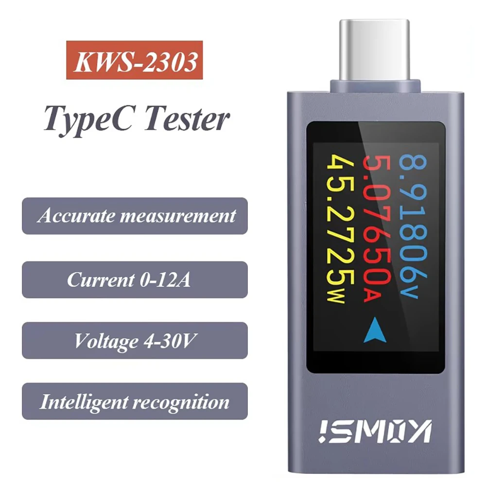 KWS-2303C Typ-C Strom- und Spannungsmonitor Leistungsmesser Tester Handy-Ladegerät Leistungsdetektor DC 4-30 V 0-12 A Batterietest