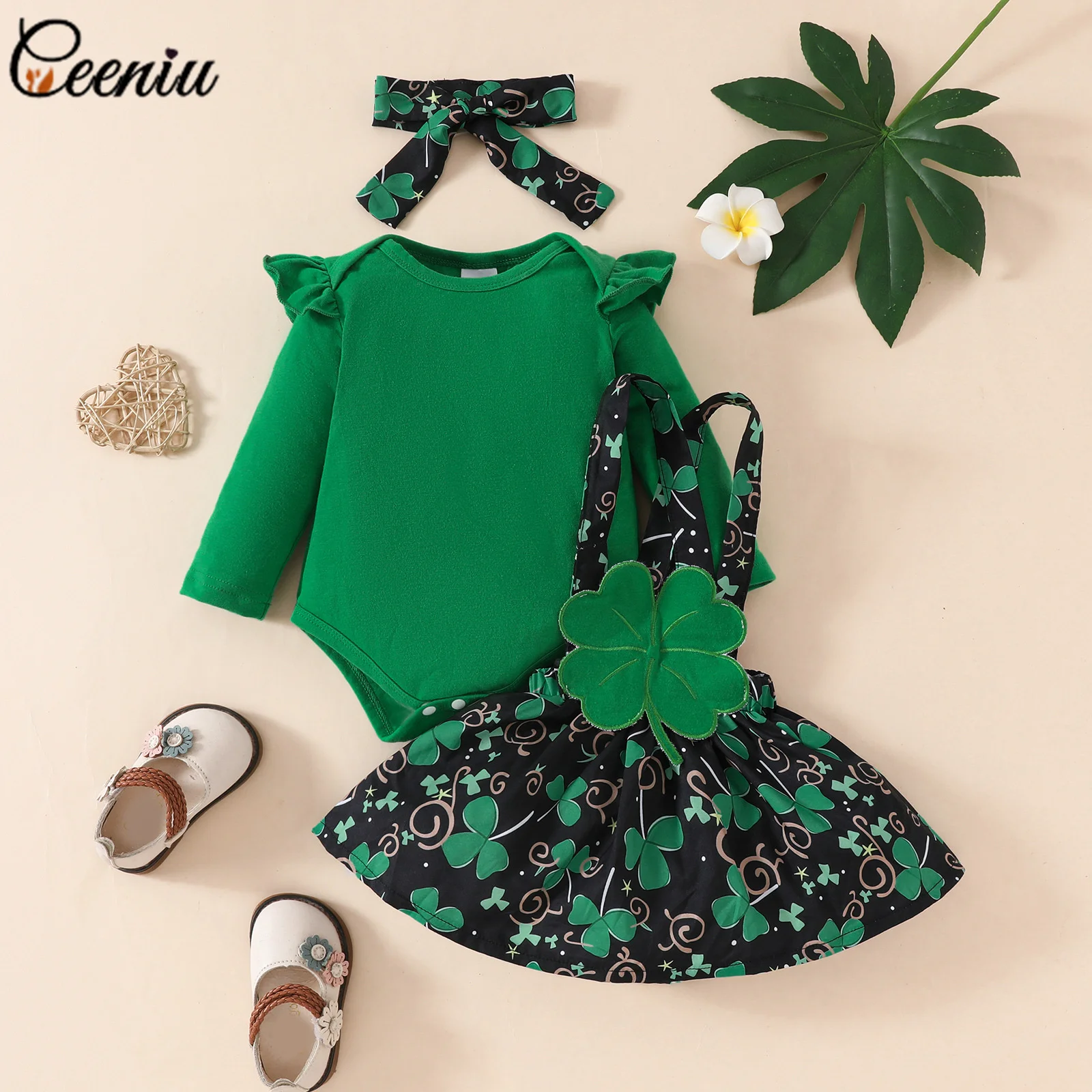 Ceeniu My First St Patricks Day Baby Costume Allover Print Romper+Green Clover Corduroy Dress For Girls Spring Baby Outfit Sets 4