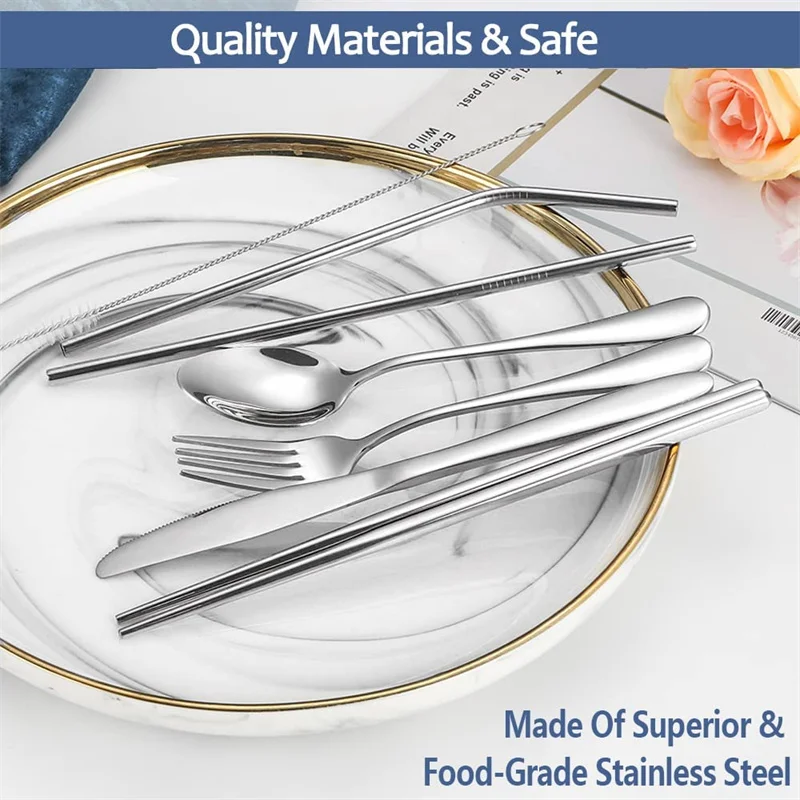 Stainless Steel Travel Reusable Utensils Set Camping Spoon Fork with Case Chopsticks and Straw Flatware Portable Cutlery Set