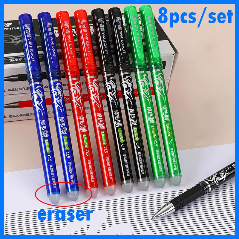 Erasable Gel Pens 8Pcs/Set 0.5mm Bullet Tip Blue Black Red Ink Refill Rods 8 Color Writing Drawing Painting Washable Handle