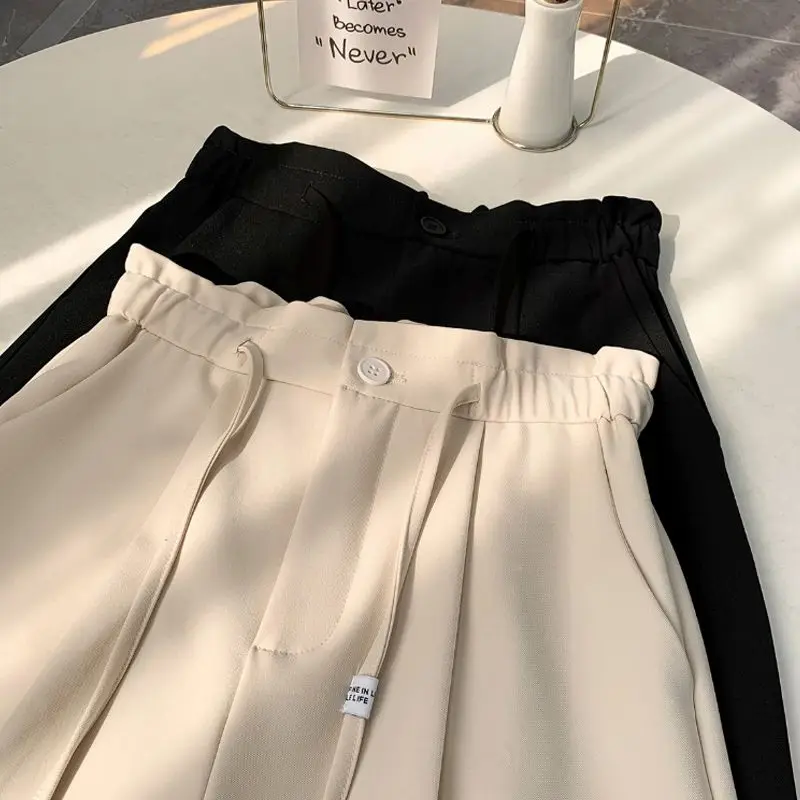 Spring Autumn New Solid Color Fashion Elastic Waist Wide Leg Trousers Women High Street Drawstring Pockets Elegant Straight Pant