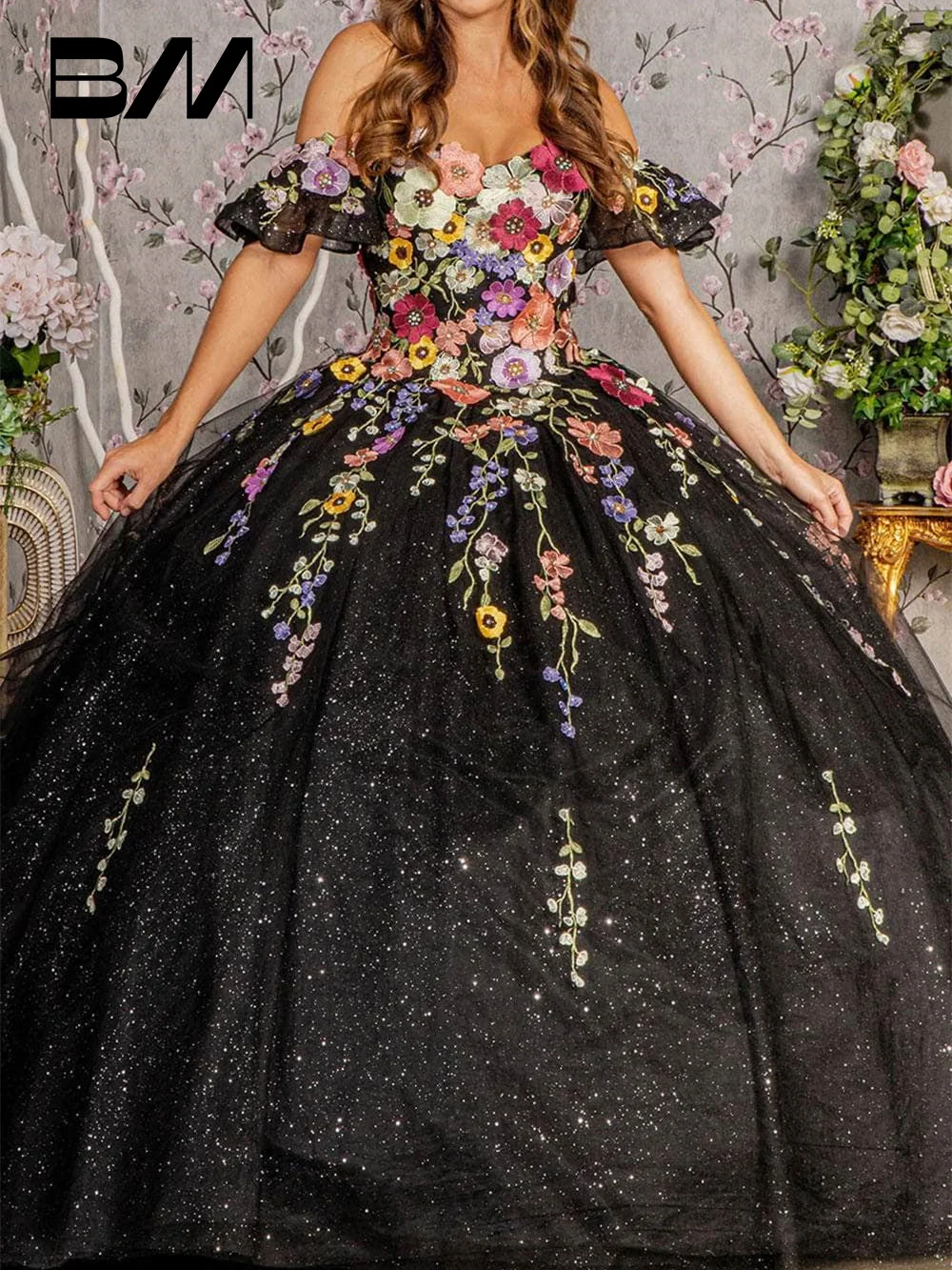 

Floral Lace-Up Quinceanera Dress Off The Shoulder Sparkle Women Ball Gown Cocktail Dresses Party Formal Gown