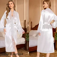 Robe longue en Satin de soie noire, Kimono, peignoir, vêtements de nuit pour femmes, Robe de chambre ample, nouvelle collection printemps été 6