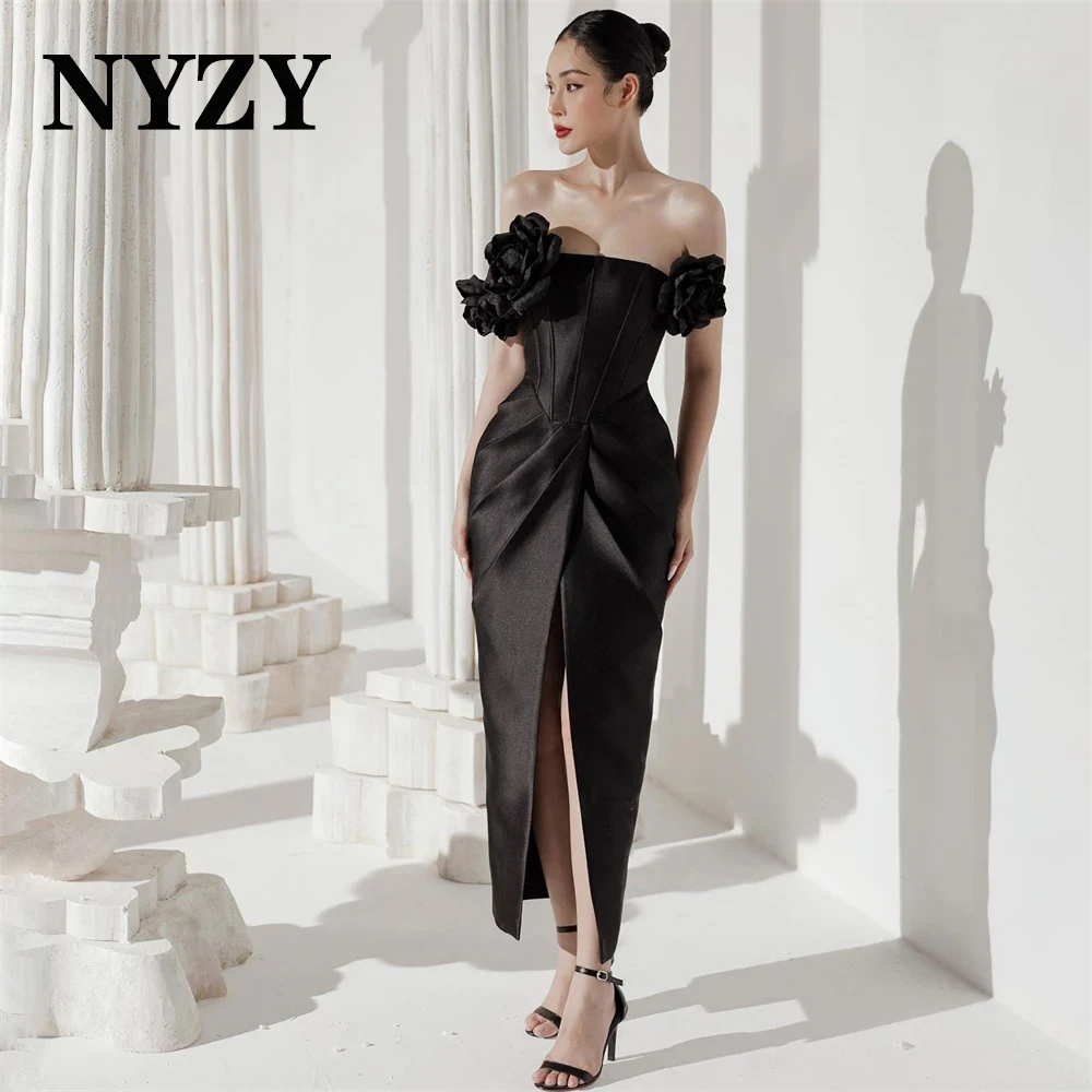 NYZY P166 Short Party Birthday Evening Gowns Satin 3D Flowers Ankle-length Black Cocktail Dresses Made