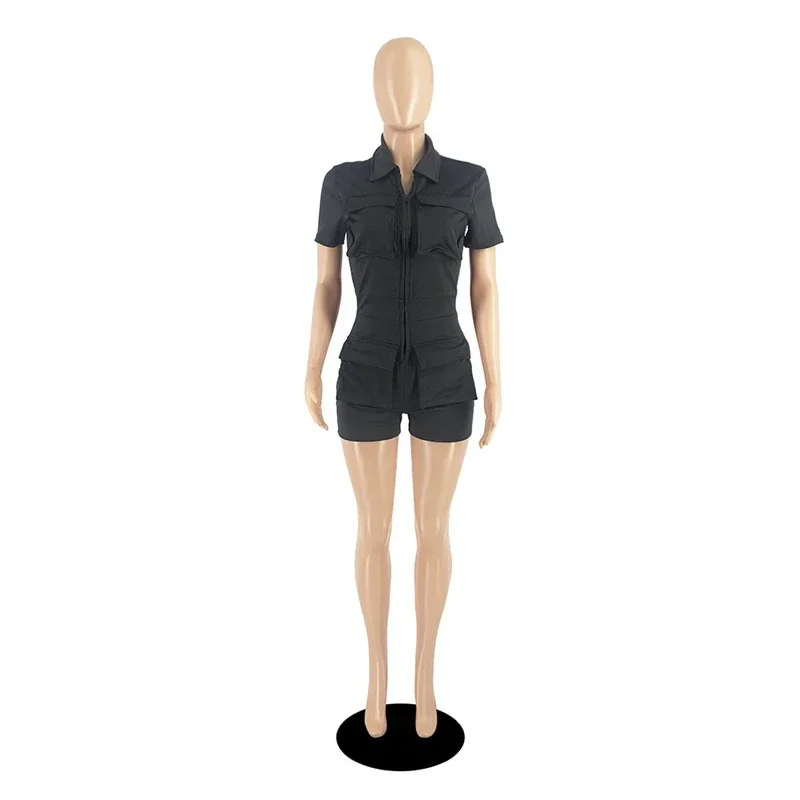 Women Solid Cargo Playsuits 2023 Summer Turn Down Collar Short Sleeve Zip Up Multi Pockets Shorts Jumpsuit Fashion Casual Romper