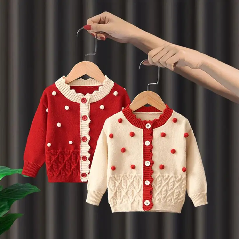 Christmas Kids Cardigan Sweaters Pompom Baby Girls Full Sleeve Coat Knitted Cotton Toddler