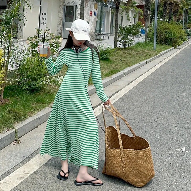 

Girls Striped Dresses Summer Green Long Sleeve Teen Kids Dress Fashion Casual Daily Thin School Children Clothing 2 To 8 Years