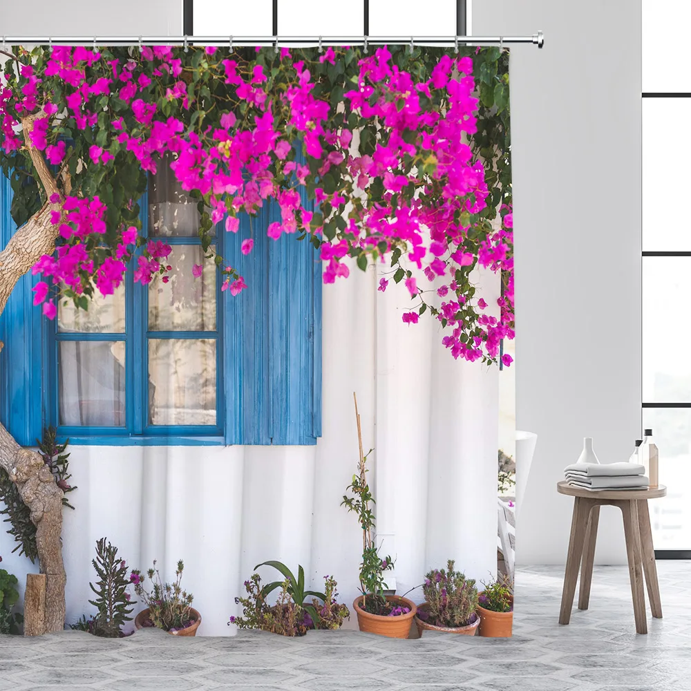 Greek Mediterranean Shower Curtain Purple Flowers Blue Door Window White Architecture Nature Landscape Bathroom Curtains Decor 4