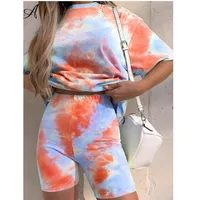 Ensemble deux pièces imprimé Tie Dye pour femmes, t-shirt basique, short, tenues décontractées, vêtements de salon, mode contraste, Jogging, tenue de motard 4