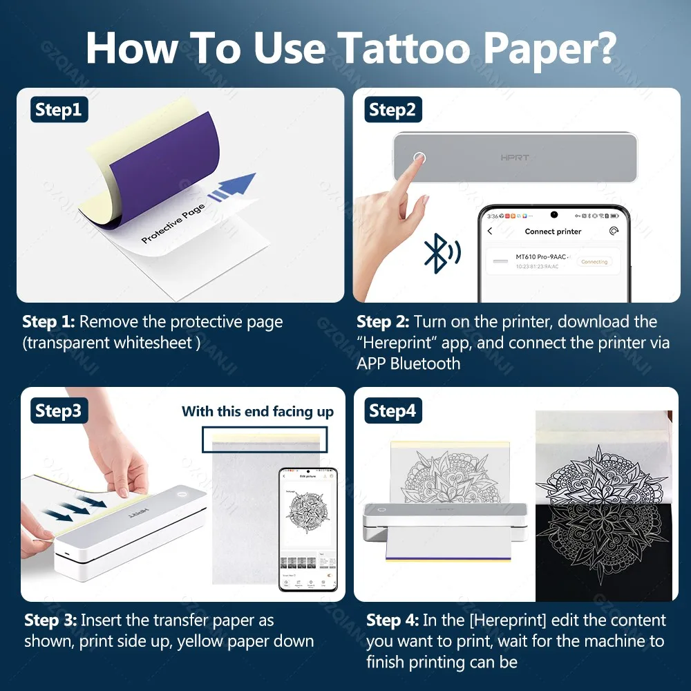 300DPI A4 Thermal Printer 200DPI Bluetooth Pocket Photo Document Printer Memo Note Tattoo Printing Wireless Inkless Printer