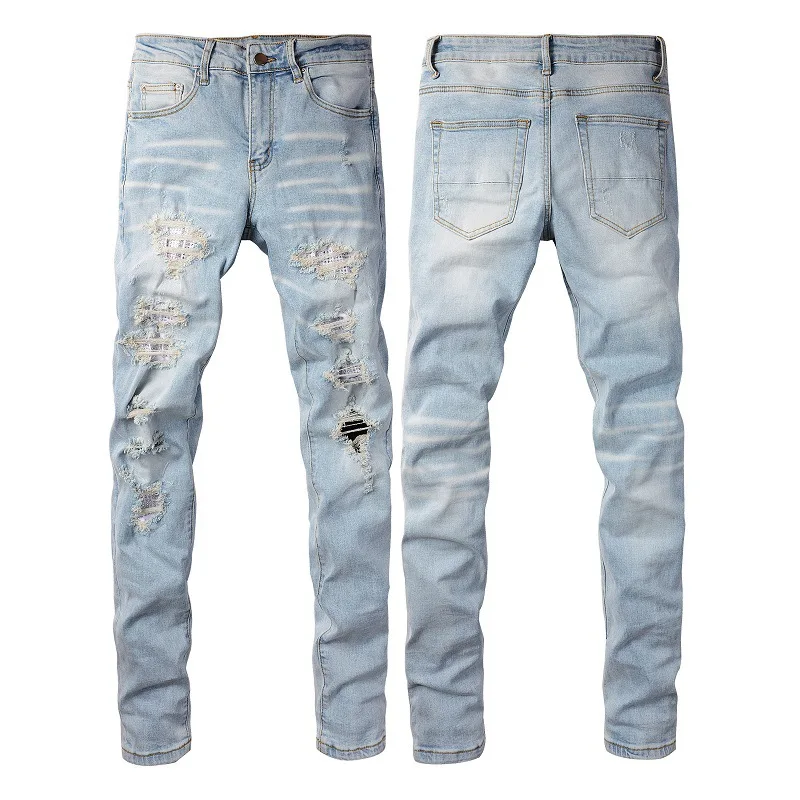 

Новинка 2024, синие облегающие джинсы для мужчин, Стрейчевые зауженные рваные состаренные плиссированные джинсовые брюки с заклепками на коленях