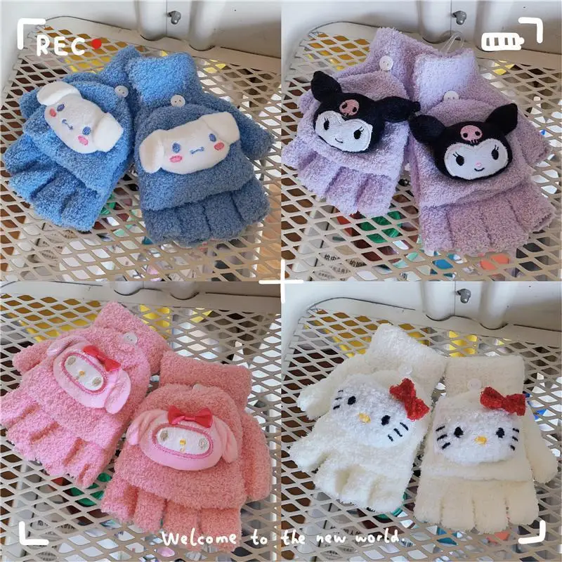 

Sanrio New Gloves Kawaii Open Finger Knitted Flap Gloves Student Writing Office Touch Screen Gloves Cartoon Warm In Winter