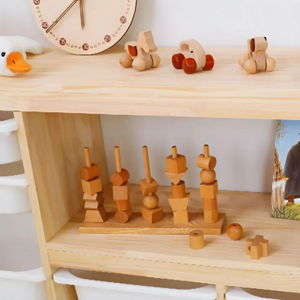 Wooden Closed Back Kids Bookshelf Freestanding Bookcase Modern Display Cabinet Shelf with Drawers Children Toy Storage Cabinet 5