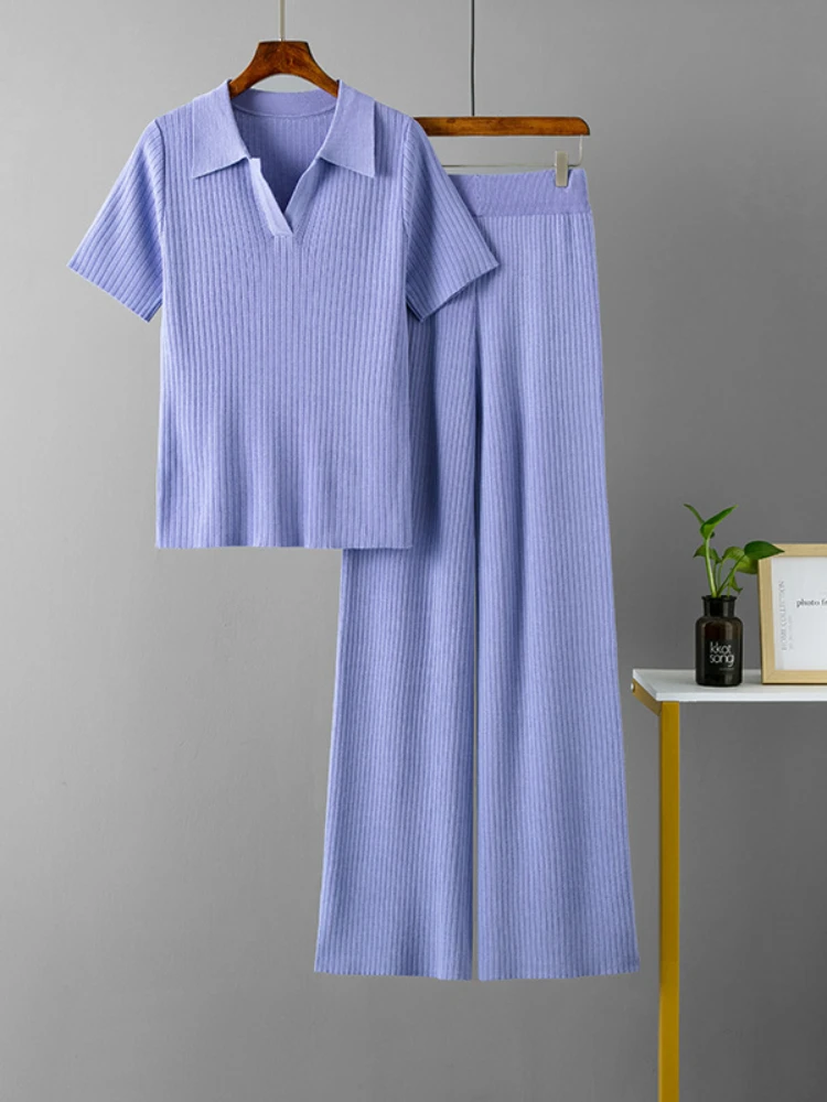 

Two Piece Sets Womens Outifits Polo Collar Pullover Short Sleeved Top Slimming Versatile Solid Wide Leg Pants Fashion Pant Sets