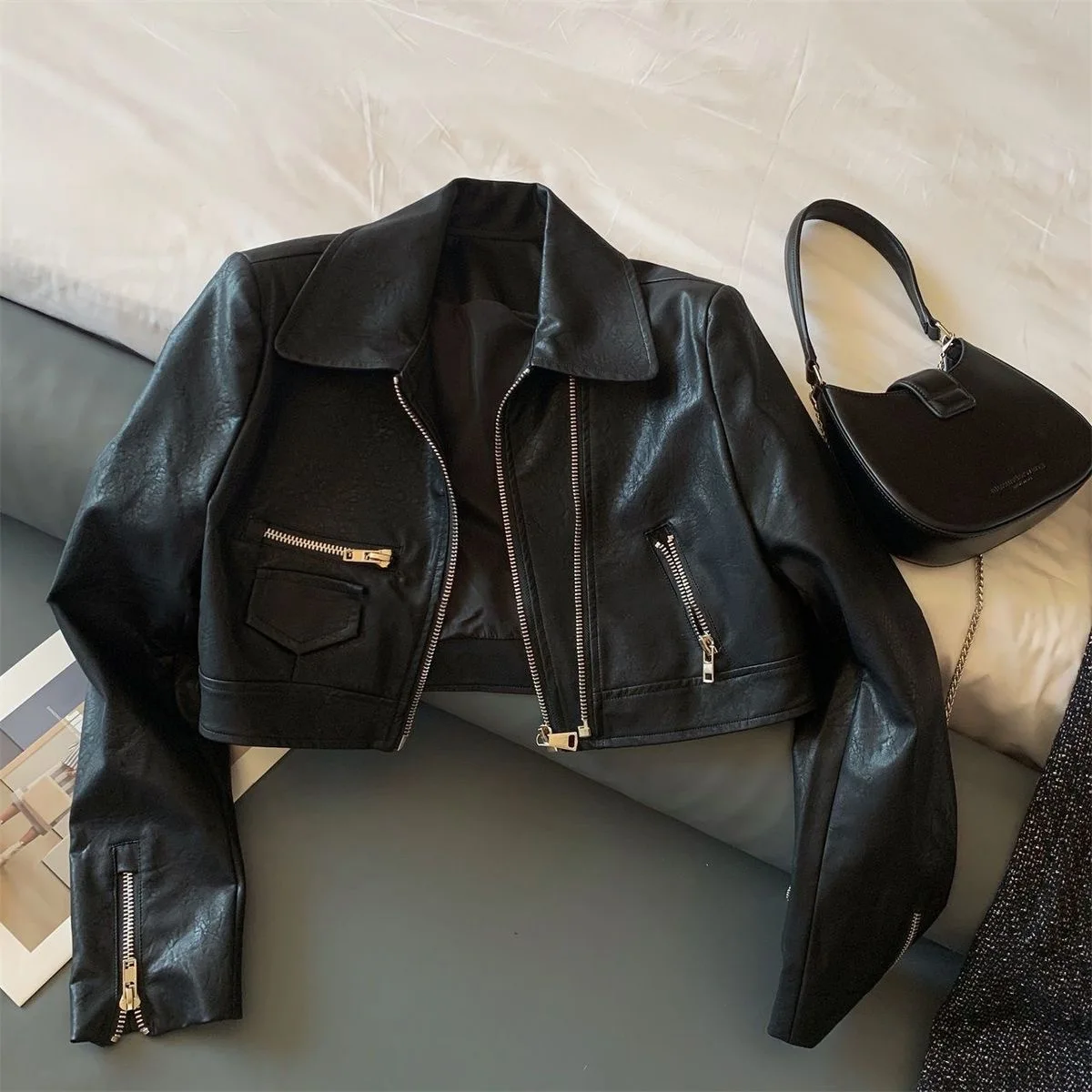 

2023 Autumn Girls Fashion Zip Pu Leather Jacket Baby Kids Children Coat Outerwear