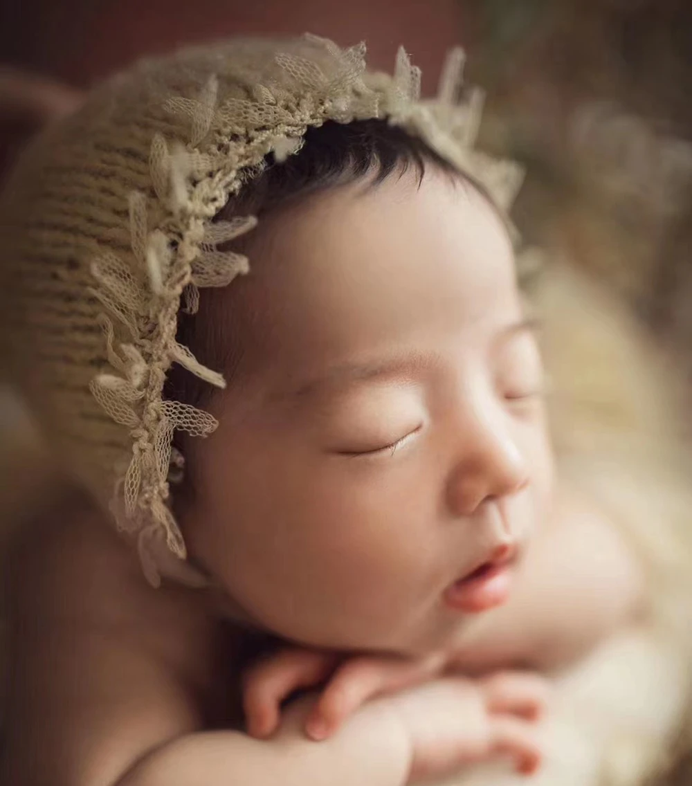 Mohair Baby Girl Hat with Lace Newborn Photography Props Crochet Baby Girl Bonnet Fotoshooting Newborn Hat Infant Accessories 2