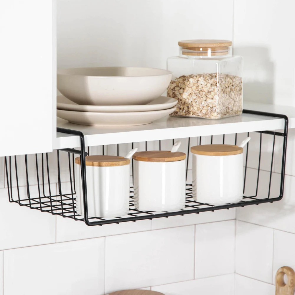 

1PCS Metal Iron Kitchen Cabinet Storage Rack Thicken Under Table Hanging Mesh Basket Wardrobe Holders Home Kitchen Organizer