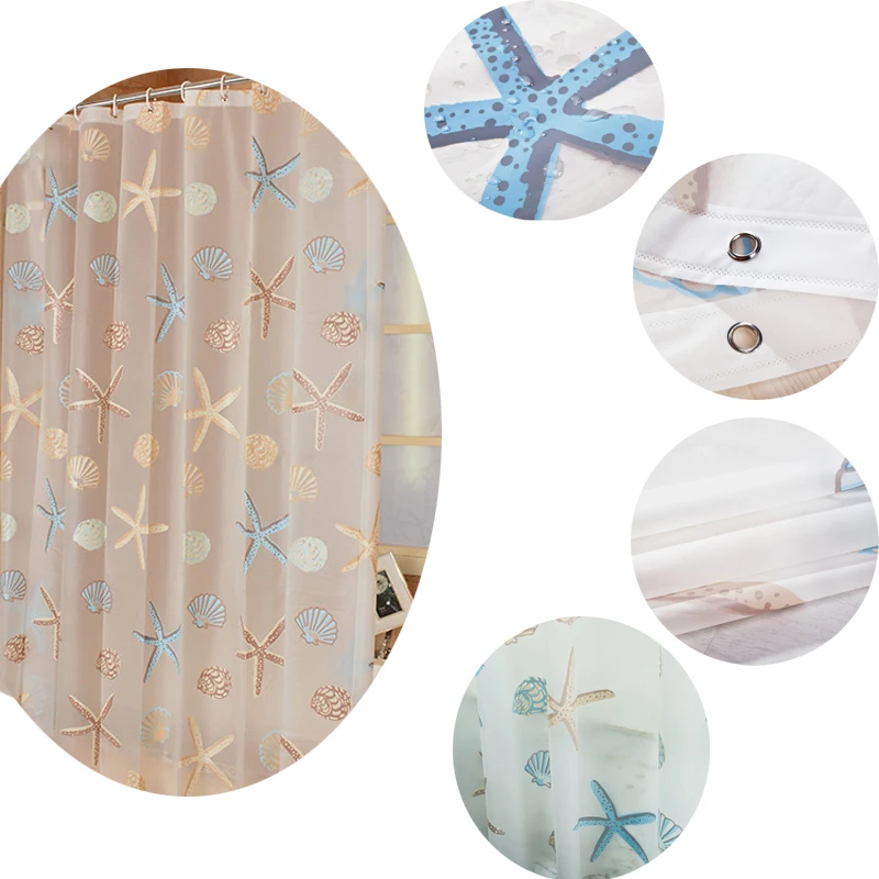 Shower Curtains Starfish Pattern PEVA Shower Curtain Seaside Style Bathroom Bath Curtain With Hooks Waterproof Mildew