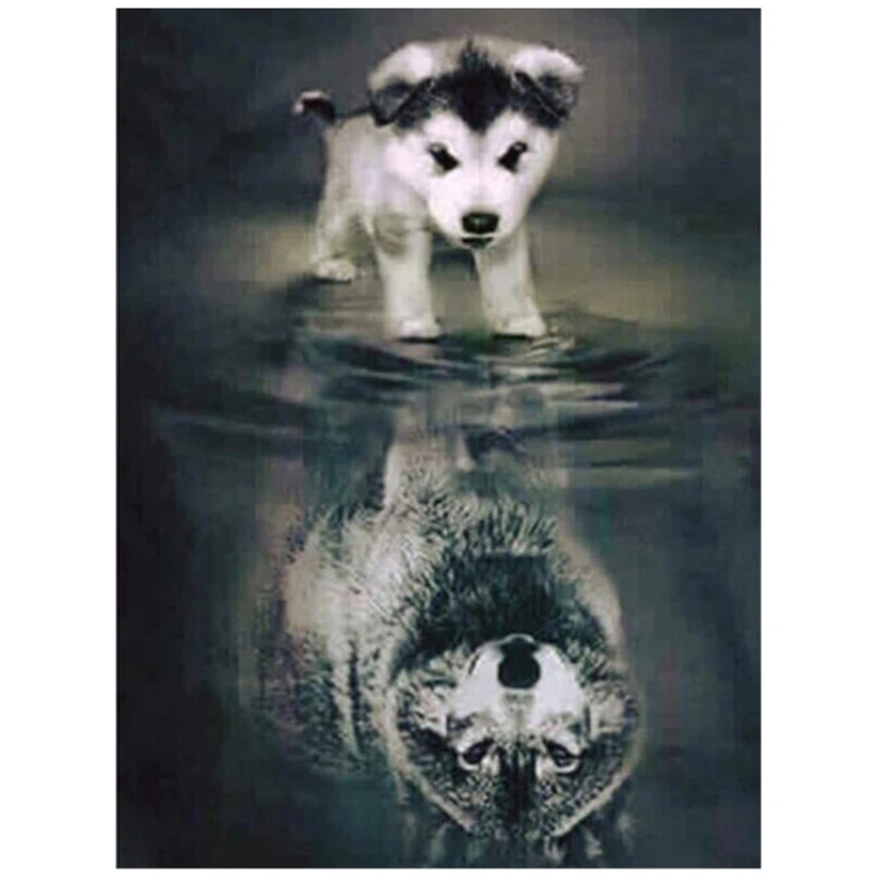 

Алмазная живопись малыш волк полностью круглая Алмазная вышивка животные отражающие картины из страз домашний декор